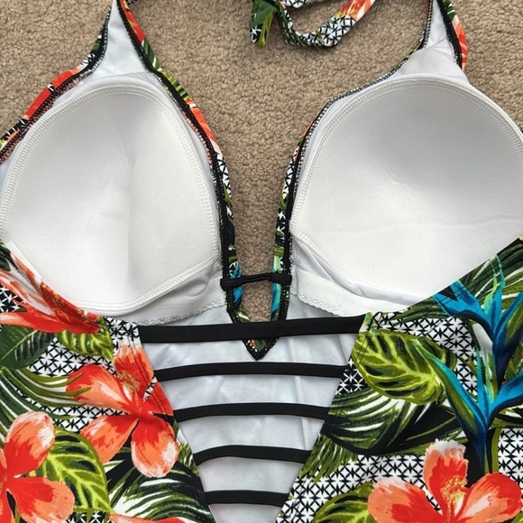 NWT Jantzen Plunge V Neck Halter Tie Wireless Floral One Piece Swimsuit Size 16 - Picture 5 of 8